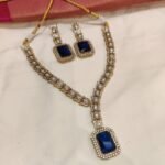 Elegant Dark Blue Stone Pendant Kundan Short Necklace
