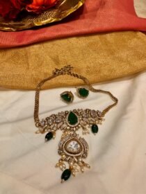 Radiant Crystal Ad stone chain Choker with Green AD Stone With Green and White Rice Pearl