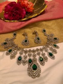 Timeless Crystal Ad stone Droplet Choker with AD Floral Green Ad stone