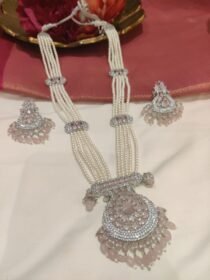 Pinnacle Handcrafted White Pearl Loing Mala With CZ Pink Pendant