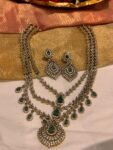 Artisanal 3 Layer CZ Long Necklace With Green AD Stone