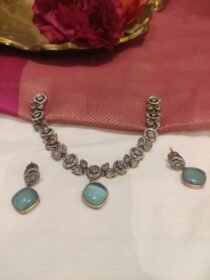 Delicate Leafs  Short Necklace With Skyblue AD Stone