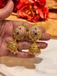 Elegant Bridal Jhumka With Small Pink Crystal Kundan