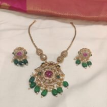 Delicate Chain Floral Necklace With Green Beads