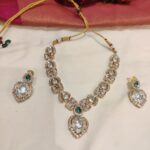 Unique Crystal Kundan Leafs Necklace with Green AD Stone