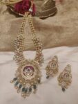 Opulent Long Bridal Necklace With Green Golden Beads