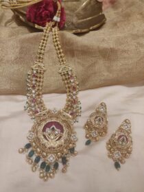 Opulent Long Bridal Necklace With Green Golden Beads