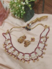 Sparkling Handcrafted White Pearl Choker With Red Pearl Outline Golden Beads