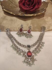 Delicate Crystal AD Stone Green Red Stone 2 Layer Necklace With  Mint Green Beads