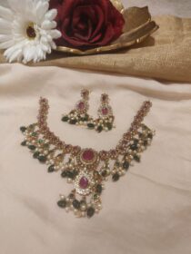 Elegant Floral Red AD Stone Droplet Necklace With White Green Stone