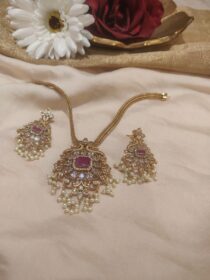 Sparkling Red Stone Chain Necklace with white Beads