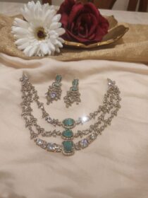 Timeless 3 Layer Ad Cystal Leaf Necklace with Skyblue Stone