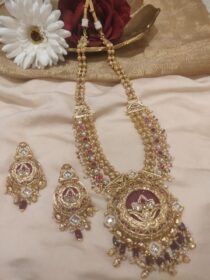 Opulent Long Bridal Necklace With Red Golden Beads