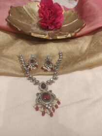 Iconic Antique Finish Peacock Necklace With Red Ad Stone and Beads