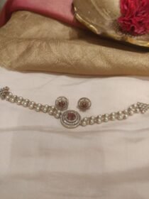 Elegant 2 Layer White Pearl Choker with Red Ad Stone