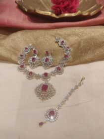 Grand CZ Floral Red AD Stone Necklace With Mangtika