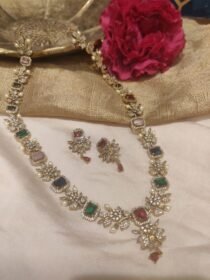 Grand Floral Long Necklace with Multicolour Ad Stone