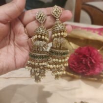 Regal Elephant Droplet Jhumka With Green Stone and White Beads