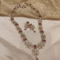 Grand Floral Long Necklace with Red Ad Stone
