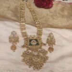 Bespoke Bridal Long Golden Necklace with Green Stone and Golden Beads