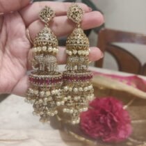 Regal Elephant Droplet Jhumka With Red Stone and White Beads