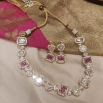 Elegant Multishape Ruby Kundan Stone Choker With White Beads Outline