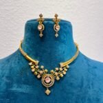 Regal Enchanting Elegant golden bridal leaf with pink rose choker necklace