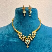 Enchanting Elegant golden bridal leaf with sky stone choker necklace