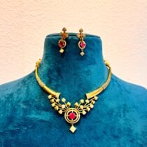 Elegant golden bridal leaf with ruby stone choker necklace