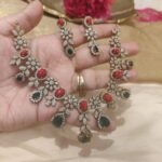 Whimsical red and green floral design bridal necklace