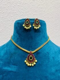 Posh Ornate Whimisical red full moon with pearls  golden necklace