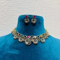 Precious rainbow stone with ad stone peacock design choker necklace