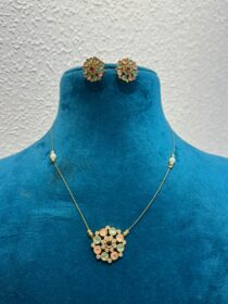 Radiant  pink rose and green diamond floral pendant with golden chain