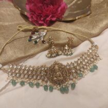 Opulent laxmi design ad stone and green bids choker necklace