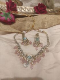 Timeless Mint AD Peacock Necklace With Pink Beads