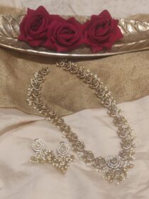 Alluring Peacock Long Crystal AD Necklace With White Beads