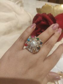 Radiant Navratna Ring With White Pealr