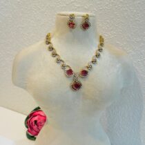 Lustrous AD Floral Necklace With Red AD Stone