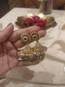 Radiant Golden Green White Beads Jhumka