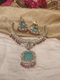 Sought Peacock Necklace With Skyblue AD Stone Red Beads