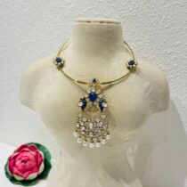 Radiant Floral Blue Peacock Pipe Necklace with white Beads