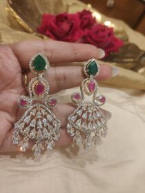 Elegant CZ Floral Droplet Earring With Green Ruby AD Stone