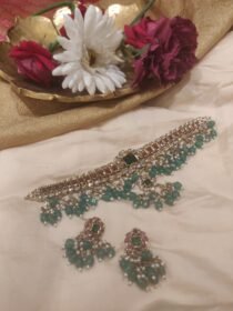 Delicate Ruby Stone Floral Choker With Green Beads