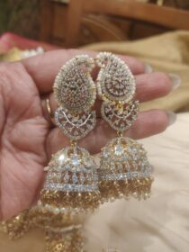 Mesmerizing CZ Leafy Jhumka With Crystal AD Stone