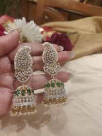 Mesmerizing CZ Leafy Jhumka With Green AD Stone