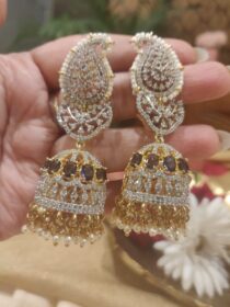 Mesmerizing CZ Leafy Jhumka With Purple AD Stone