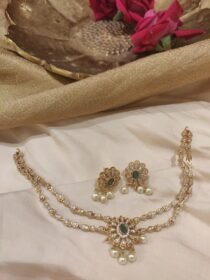 Majestic 2 Layer Green Stone Floral Necklace With White Pearl Beads