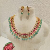 Elegant Ruby Stone Lotus Necklace With MintGreen Beads