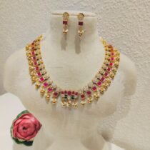 Elegant Ruby Stone Lotus Necklace With Golden Beads