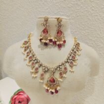 Glamorous Crystal Droplet Crystal Stone Necklace With Ruby Stone